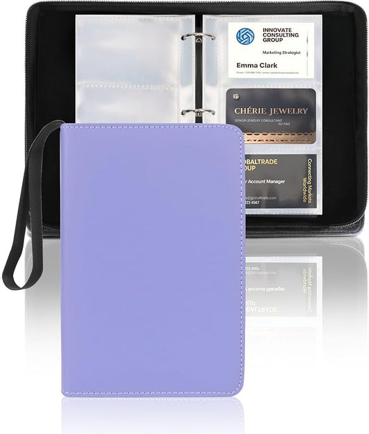 Leather Business Card Book Holder Organizer, Professional Name Card Book Holder with 300 Card Capacity, Portable PU Credit Card Binder File Sleeve Storage for Men Women,50 Pack Sleeves Zipper Closure