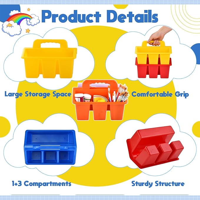Haundry Classroom Caddy Storage Basket with Handle, 6 Pack Plastic Arts Office Crafts Caddy 4 Compartments for Kids, Pencil, Crayon, Marker, School Supplies, 6 Colors