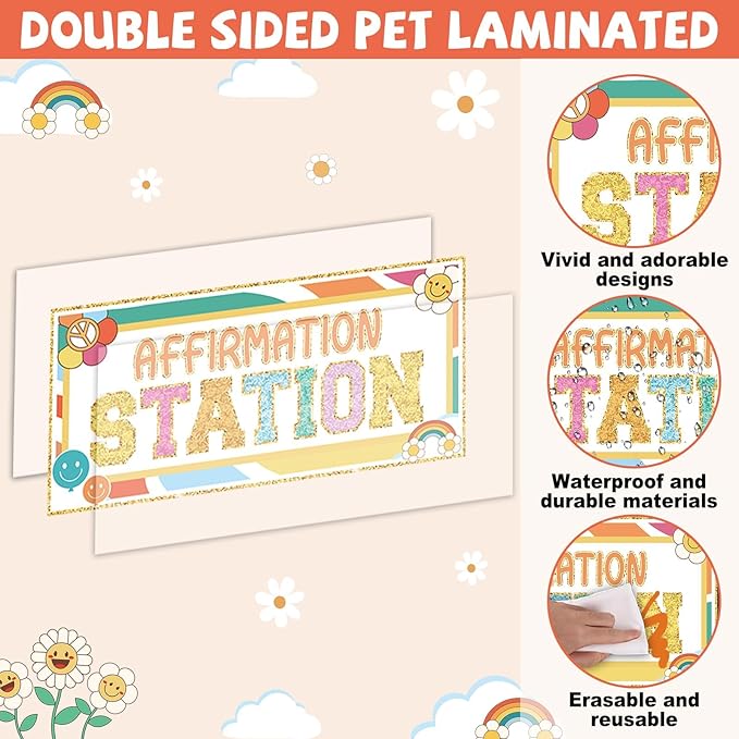 Hippie Retro Groovy Affirmation Station Bulletin Board Set Boho Hippie Motivational Bulletin Board Classroom Decorations Positive Affirmations Station Posters Cutouts for Classroom Wall Mirror Decor