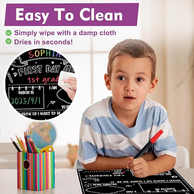 First Day of School Sign Board with 6 Colorful Liquid Chalk Markers - 11"x14" Double-Sided & Reusable - First and Last Day of Kindergarten Preschool Sign - Back to School Signs Supplies