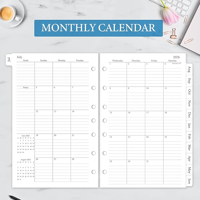 2026-2027 Weekly & Monthly Planner Refill, A5 Medium Planner Inserts with Monthly Tabs, Size 4, 5.5"x8.5", July 2026 - June 2027, 7-Hole Punched