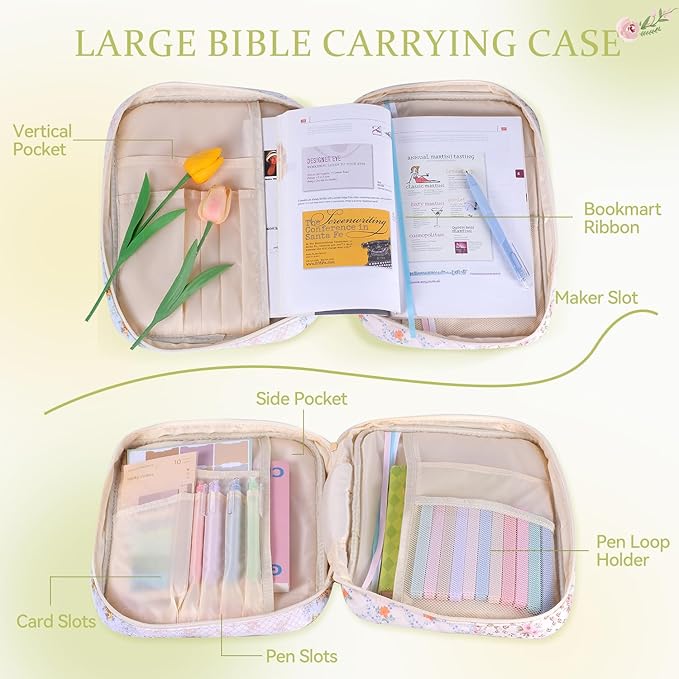 Bible Cover Case for Women Large Quilted Bible Carrying Bag with Handles Bible Study Supplies & Accessories Christian Gifts for Women(Spliced Flower, M)
