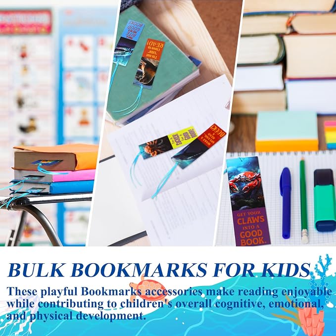 PerKoop 60 Pieces Realistic Ocean Bookmarks with Ribbon Bulk for Reading with Cute Sea Animals Encouragement Bookmarks for Students School Party Rewards Gifts