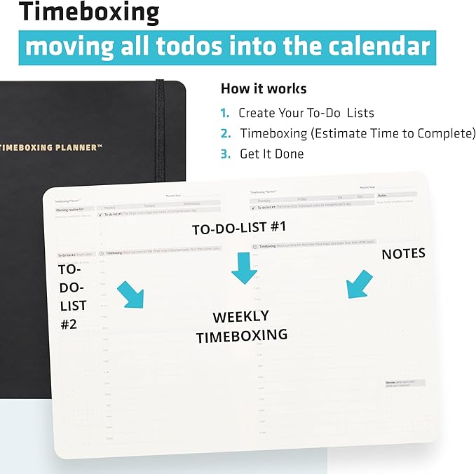 Timeboxing Planner - Structure to Turn To-Do into DONE | 52-Week Undated Organizer for Students & Busy People | 7×9 Flexible Cover - Black
