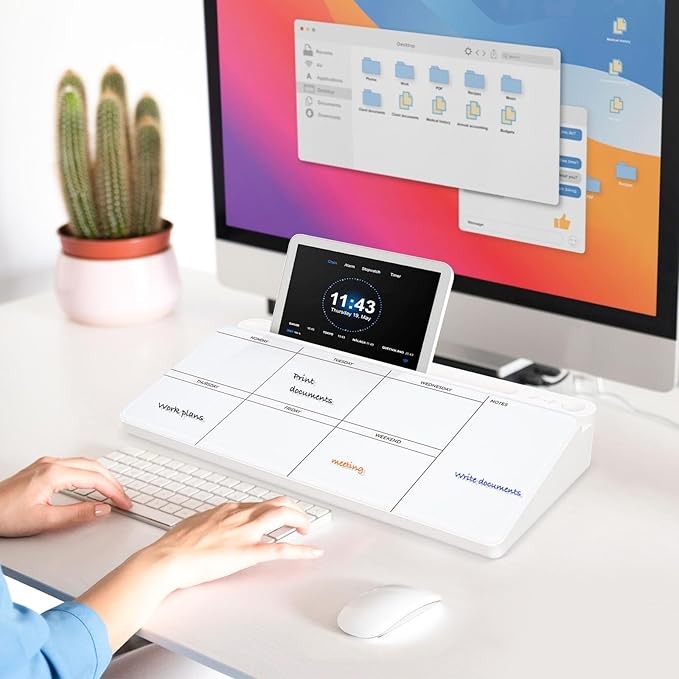 DOLLAR BOSS Glass Desk Whiteboard Calendar Small Dry Erase Board Desktop White Board with Storage Drawer Computer Keyboard Stand Desk Organizer, Weekly Calendar, White