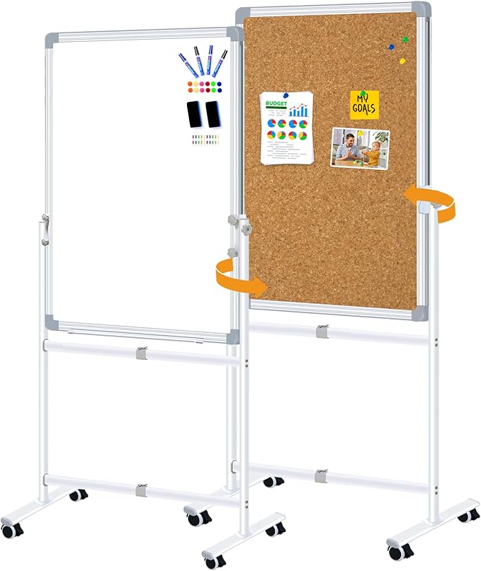 Max-officoo Double Sided Cork Board and White Board 24"x36" Mobile Whiteboard with Stand, Adjustable Height and Angle Magnetic Rolling Dry Erase Board on Wheels for Office, School, Home