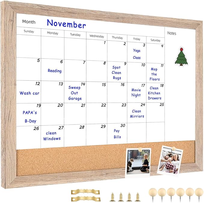 Monthly Calendar Dry Erase White Board & Cork Bulletin Board，13" x 17" Light Brown Wood Frame，Magnetic Surface Whiteboard.Perfect for Organizing Your Space.Whiteboard+Cork-3343B-QZ