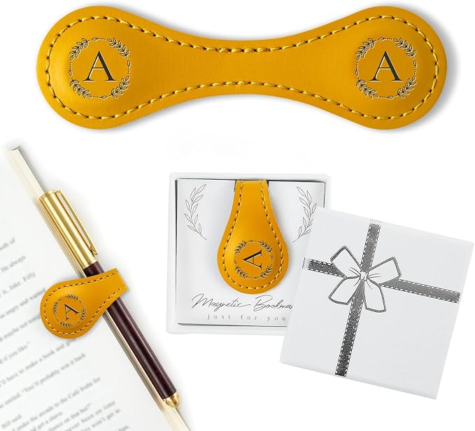 Personalized Leather Magnetic Bookmark with Pen Holder – Custom Initial Design for Readers（Yellow-A）
