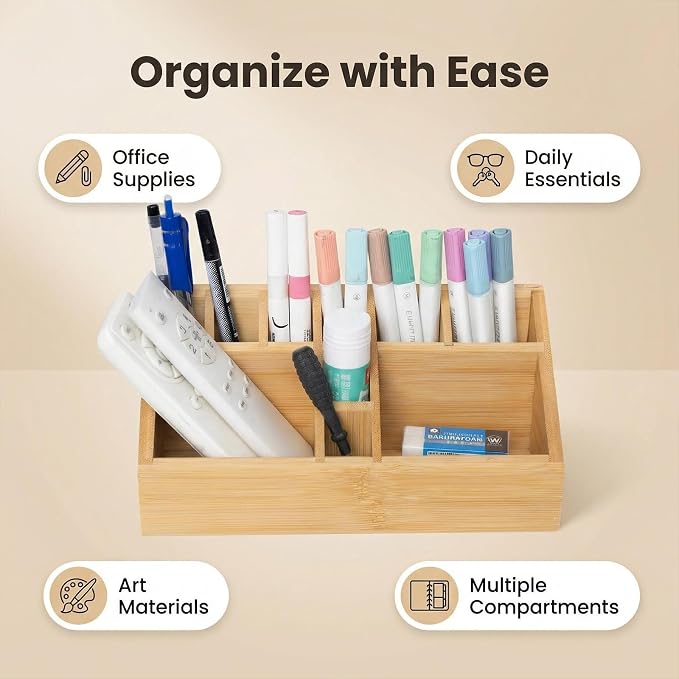 Bamboo Art Supply Organizer, Pen Holder Wooden Desktop Storage for Artists, Office Supplies, Makeup Brushes,Minimalist Desk Accessory for Home Studio, Classroom or Vanity