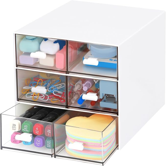 Desk Organizer with 5 Drawers, Rectangular Office Stationery Supplies Desktop Drawers, Plastic Makeup Storage, Suitable for Office, School, Home (White & 6 Drawers)