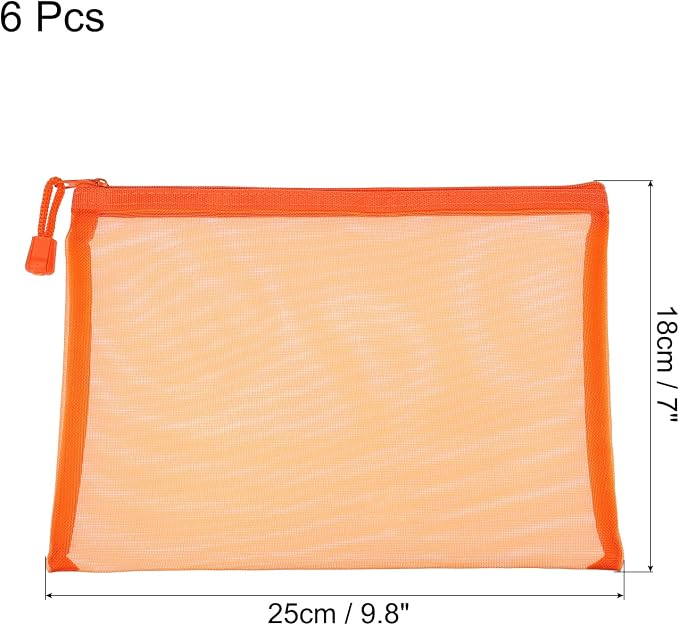 MECCANIXITY Mesh Zipper Bags, A5 Nylon Zip Pouch Pencil Case Storage Pockets for Travel Office Accessories, Orange Pack of 6