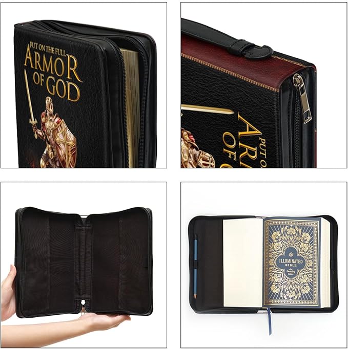 Jesuspirit - Leather Bible Cover for Men - Personalized Bible Case for Men, Bible Study Supplies, Christian Gifts for Men & Women (A - Armor of God Bible Cover, Large)