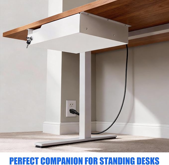 Under Desk Drawer Storage with Lock, Metal Undermount Table Drawer, Ball Bearing Slides Out Tray Organizer for Paper, Pencil, and Laptop,16"x11.8"x3.6", Black With Power Strip
