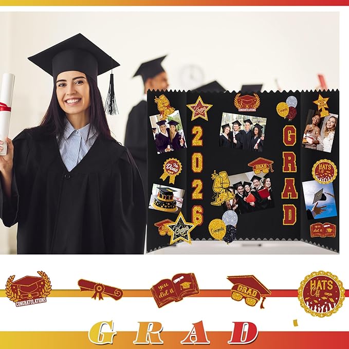 AmazingSpark 4 Sets Graduation Photo Display Board Trifold Poster Board with 12 Graduation Themed Stickers for 2026 Grad Party Decoration Picture Collage Frame Supplies (24 x 16,Red Gold)