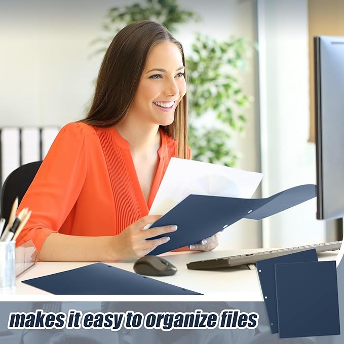 Yeaqee 100 Pcs Plastic Folders with Pockets Bulk 3 Hole Punched 2 Pocket File Folders for 3 Ring Binder Divider Folder for Notebooks, Durable Poly for Office Home (Navy Blue)