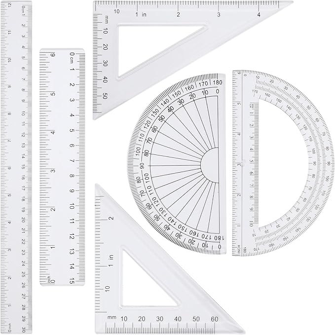 6 pcs Clear Ruler Protractor Rule Set, Includes 12 Inch 6 Inch Straight Ruler for Drawing, Triangle Rulers and Protractor Set, Math Geometry Tool, for School Office Home Supplies Measuring Tool