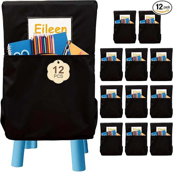 12 Pack 19.5 x 16.5 Inch Student Chair Pockets for Classrooms,Seat Sacks Organizer for K-2 Students to Storage,Chair Back Buddy Pocket with Name Tag Slot, Classroom Must Haves
