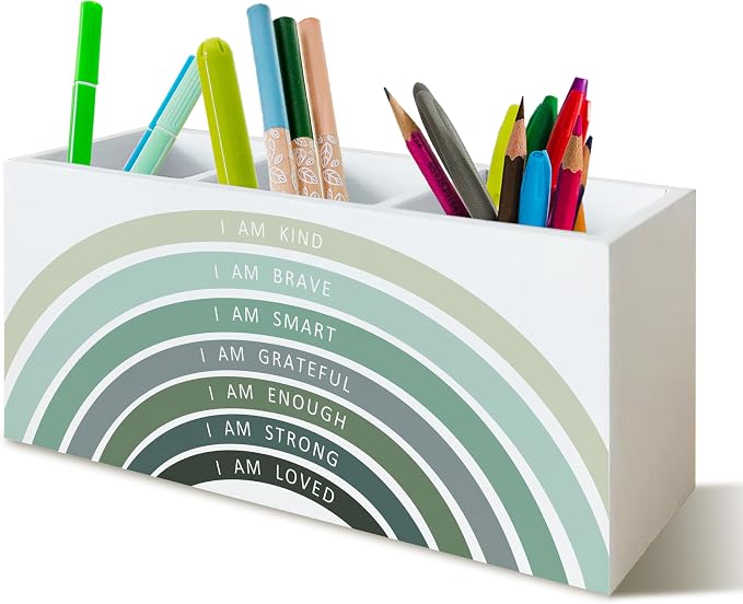 Green Boho Rainbow Positive Affirmations Pen Pencil Holder for School Classroom Office Desk, Book Center Calming Corner Playroom Decor, Inspirational Makeup Brush Toothbrush Holder Organizer