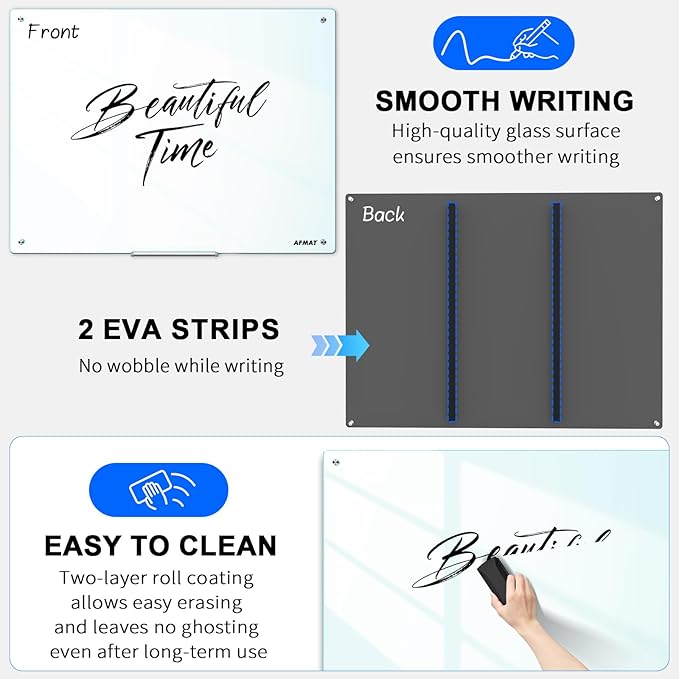 AFMAT Magnetic Glass Whiteboard, 48" x 36" Glass Dry Erase Board, 4mm Tempered Glass w/Strong Magnetic Surface, Large White Board for Wall, Frameless Wall Mounted White Board for Office Home School