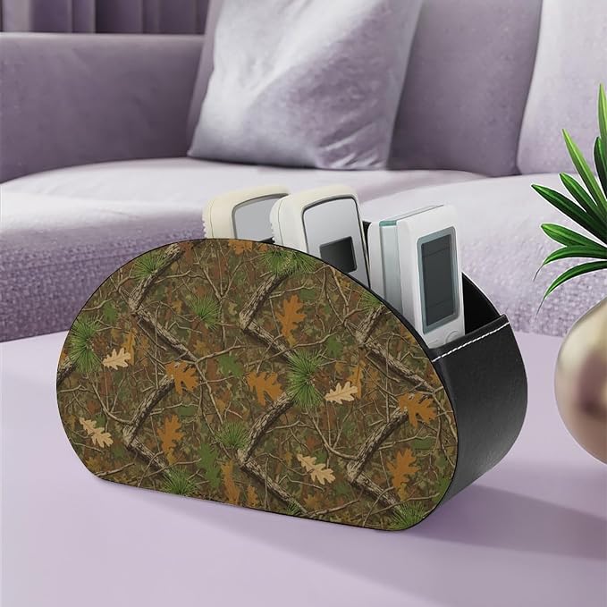 5-Slot Remote Storage Box, PU Leather Desk Organizer for TV Remotes, Makeup Brushes, and Bedside Table, Hunting Realistic Camo Tree Camouflage