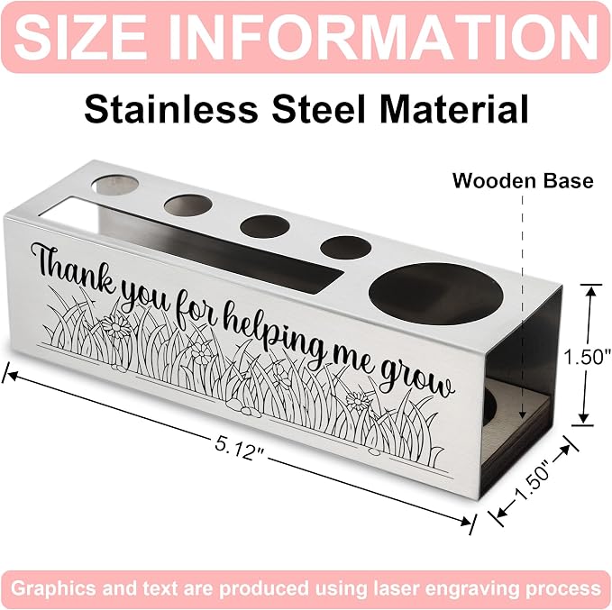Thank You for Helping Me Grow Pencil Holder for Teacher, Stainless Steel Desk Organizer with Engraved Quote, End of Year Appreciation Gift from Student, Office Supplies Holder - FBA387