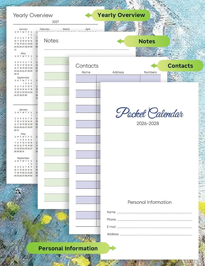 Pocket Calendar 2026-2028 Art Series, Monthly Planner Jan 2026 to Jul 2028 (3.7" x 6.7") Perfect Purse Calendar, Pocket Agenda with Protective Plastic Sleeve-Woman