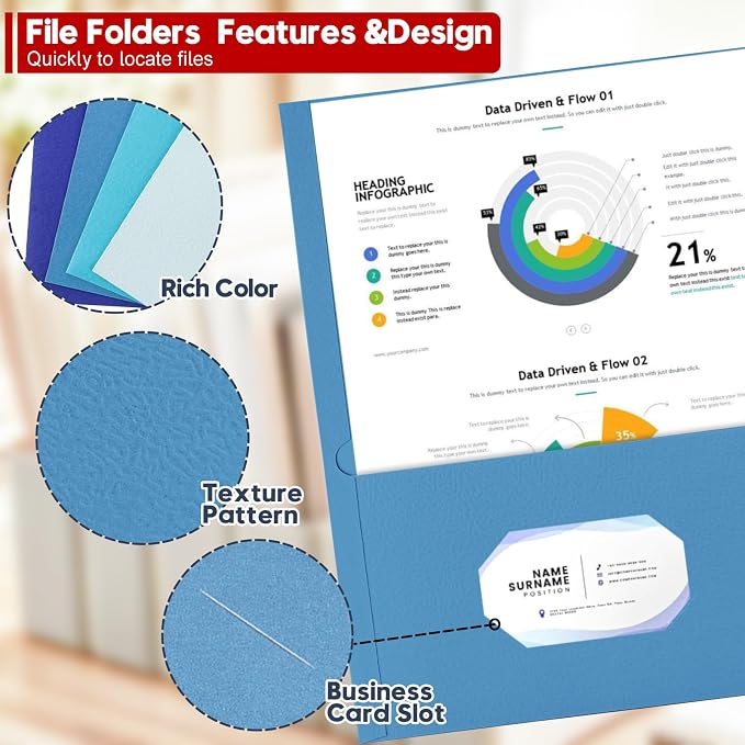 100 Pack 2 Pocket Folders, Letter Size 8.5" x 11" Folders with Business Card Slot, Durable Paper Bulk File Folders for Office, School, Presentation Home and Business Use, Blue Assorted