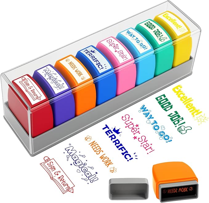 Teacher Stamps for Classroom, Self Inking Grading Stamps Set, Reward Stamps with Sign & Return, Excellent, Good Job, Classroom Must Haves for Elementary School Teacher Appreciation Gifts (8pcs)