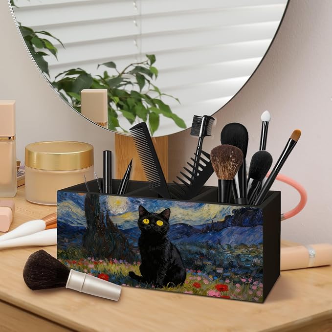 Black Cat Pen Holder for Home Office Desk, Cat Lover Gifts, Starry Sky Black Cats Makeup Brush Toothbrush Holder Organizer for Bathroom Desk Accessories