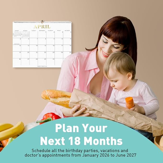 S&O Gold Foil Wall Calendar from January 2026-June 2027 - Tear-Off Monthly Calendar - 18 Month Academic Wall Planner - Hanging Organizer to Track Anniversaries & Appointments - 13.5"x10.5”in