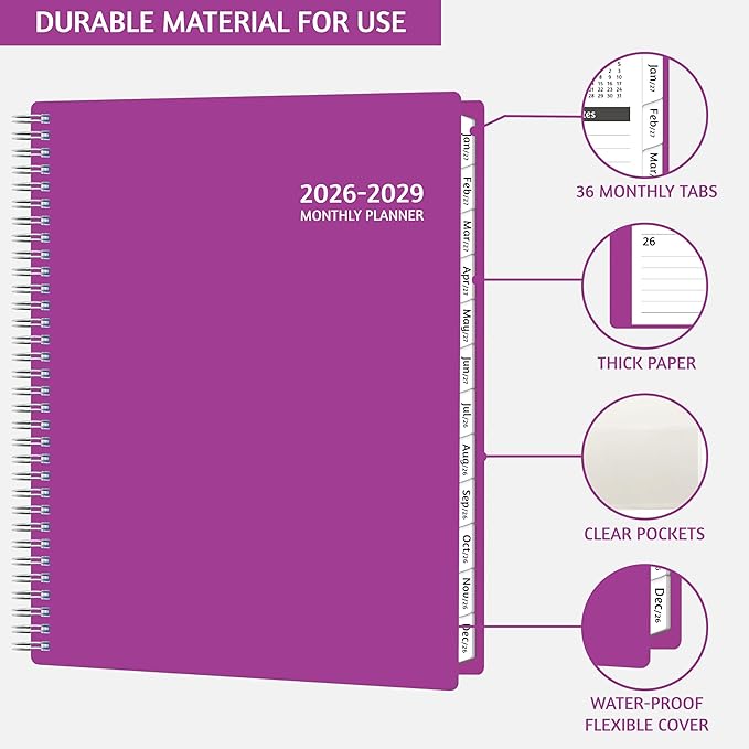 Monthly Planner 2026-2029, 36 Months Calendar Planner 2026-2029 from Jul 2026 – Jun 2029, 8.5'' x 11'' with Ruled Spread, Flexible Cover, Spiral Wirebound, Pocket, Coated Tabs, Notes ＆ Habit Tracker