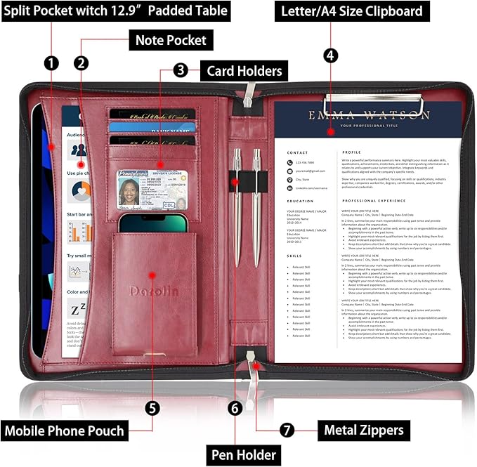 Darolin Zippered Leather Padfolio Portfolio with [Hidden Handle] and [Clipboard], Business Conference Organizer Notepad Folder, Portfolio Bag for Women/Men (Redwine)
