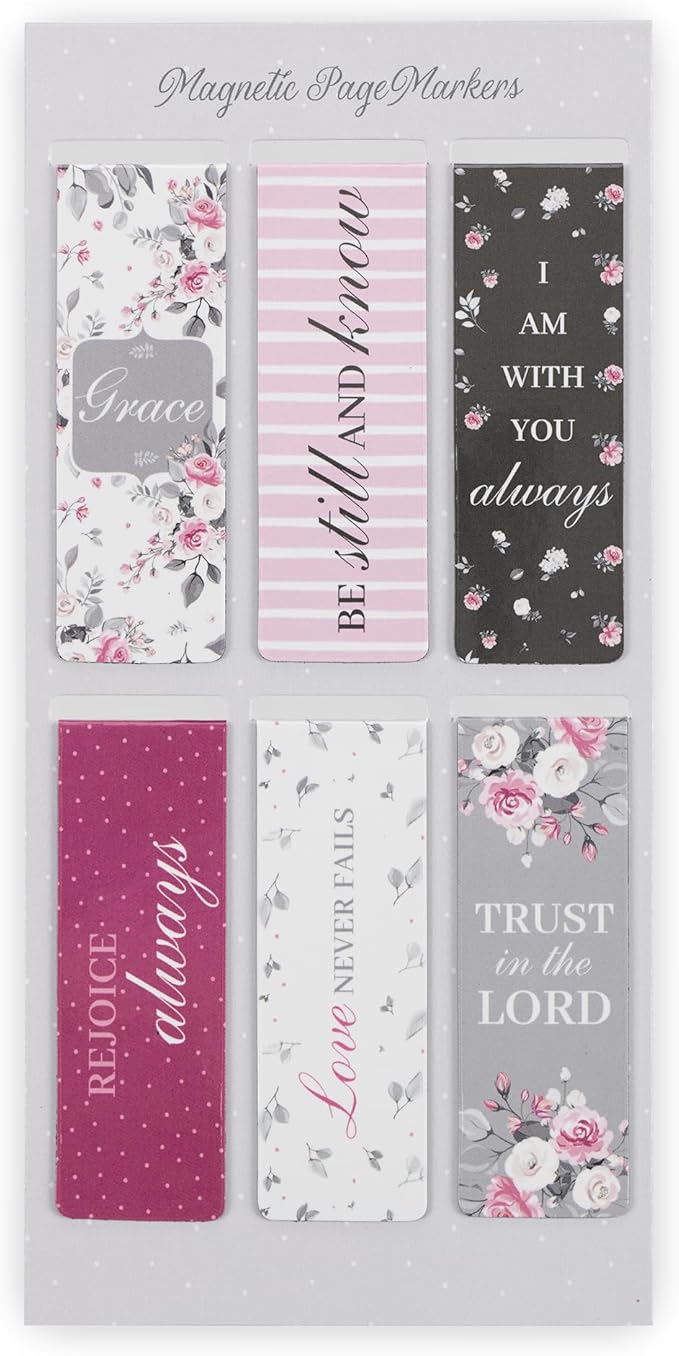 Christian Art Gifts Magnetic Scripture Bookmark Set for Women with Beloved Scripture Favorites -Inspirational Pink Roses Magnetic Bible Verse Pagemarker Set of 6 for Bibles and Books, Size 2.3” x 0.8”