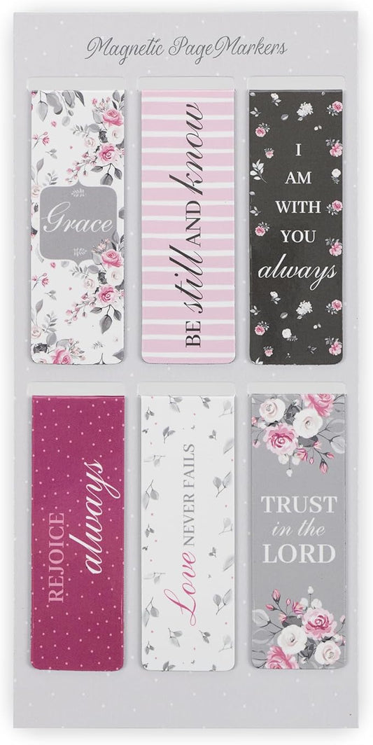Christian Art Gifts Magnetic Scripture Bookmark Set for Women with Beloved Scripture Favorites -Inspirational Pink Roses Magnetic Bible Verse Pagemarker Set of 6 for Bibles and Books, Size 2.3” x 0.8”