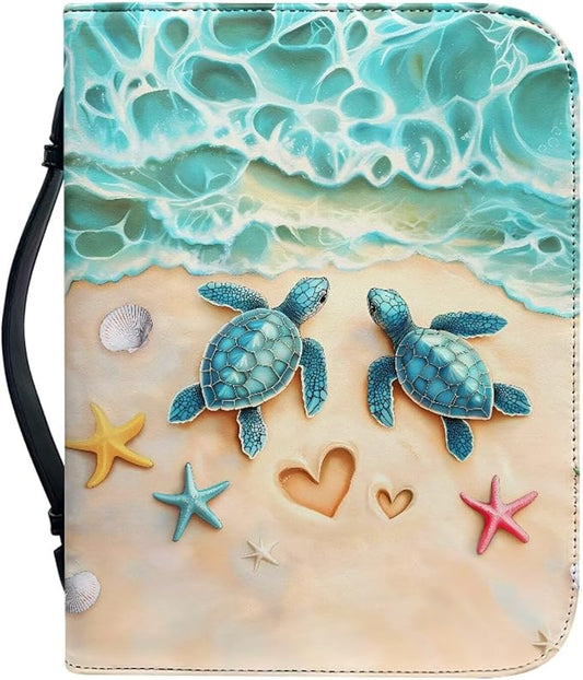 Beach Turtle Printbible Cover for Men Women Starfish Print Christian Bible Case with Handle Carrying Book Case Protector Zipper and Pockets for Bible Bag Size：2XL