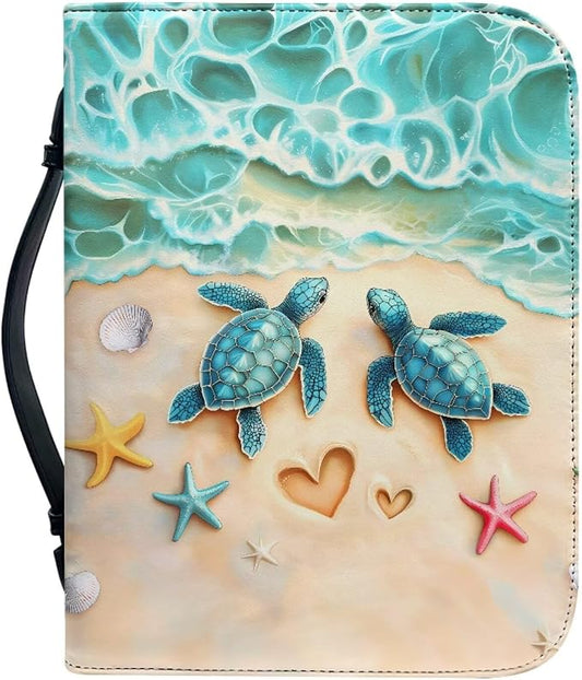 Beach Turtle Printbible Cover for Men Women Starfish Print Christian Bible Case with Handle Carrying Book Case Protector Zipper and Pockets for Bible Bag Size：L