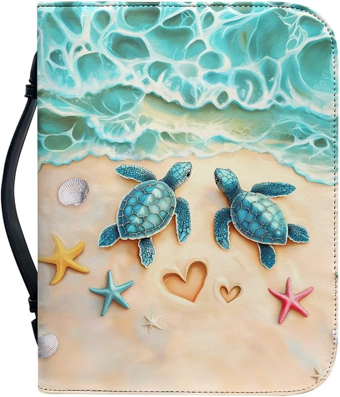 Beach Turtle Printbible Cover for Men Women Starfish Print Christian Bible Case with Handle Carrying Book Case Protector Zipper and Pockets for Bible Bag Size：L