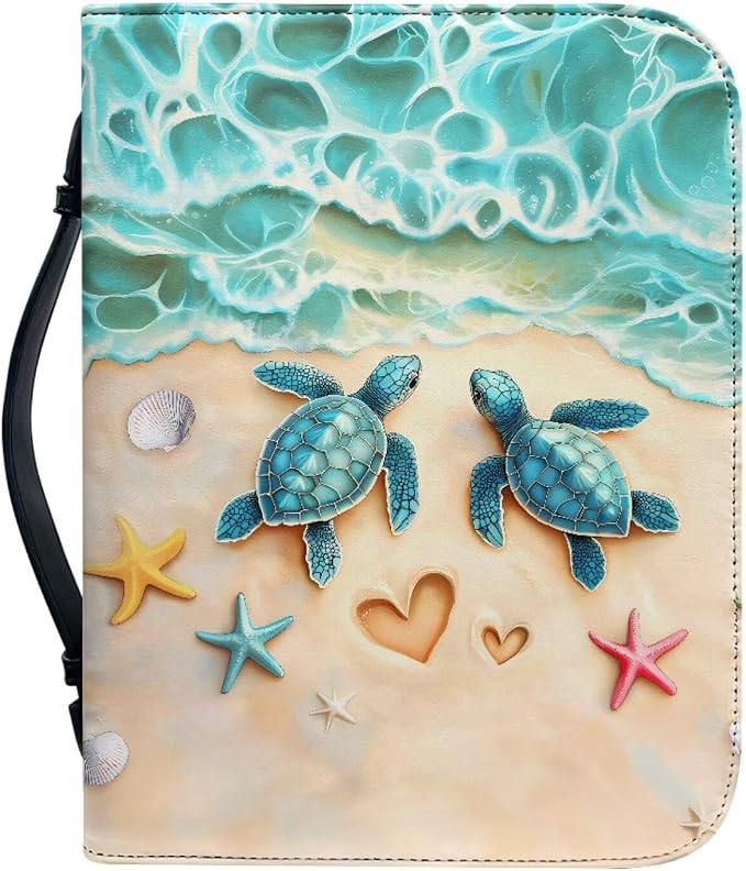 Beach Turtle Printbible Cover for Men Women Starfish Print Christian Bible Case with Handle Carrying Book Case Protector Zipper and Pockets for Bible Bag Size：M