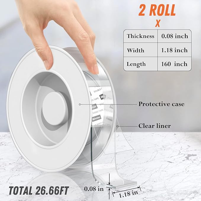 Wotec 2 Pack Extra Large Double Sided Tape Heavy Duty Removable 1.18 Inch x 160 Inch, Clear & Tough Nano Tape, Multipurpose Mounting Tape Picture Hanging Strips Adhesive for Poster Carpet