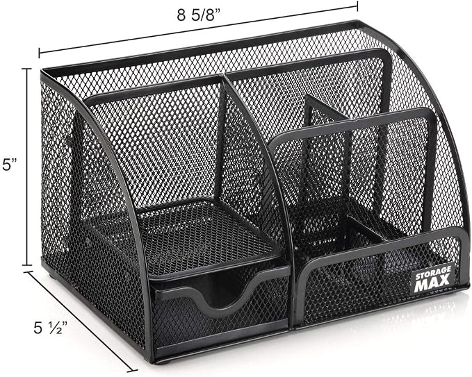 Desk Organizer with Drawer, Desktop Wire Mesh Sorter with 6 Compartments for Pens, Pencils and Letters. Black
