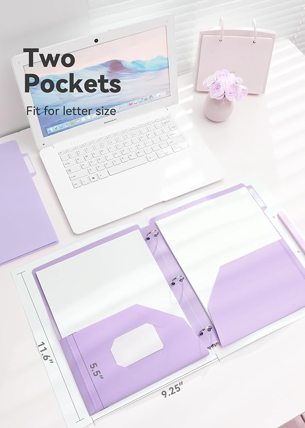 SortRax Plastic Folders with Pockets 3 Hole Punched, 6 Pack Purple Pocket Folders for 3 Ring Binder, Unique 1/3 Cut Tabs with Colorful Labels, Letter Size