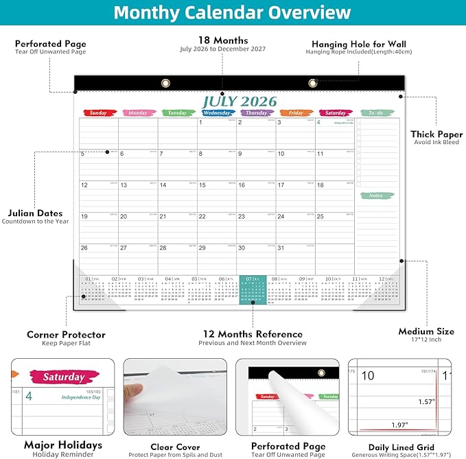 Tcamp Desk Calendar 2026-2027, Large Desktop/Wall Monthly Calendar (Jul. 2026 - Dec. 2027) 17'' x 12'' School Year Wall Desk Planner for Teacher Family School Office Supplies