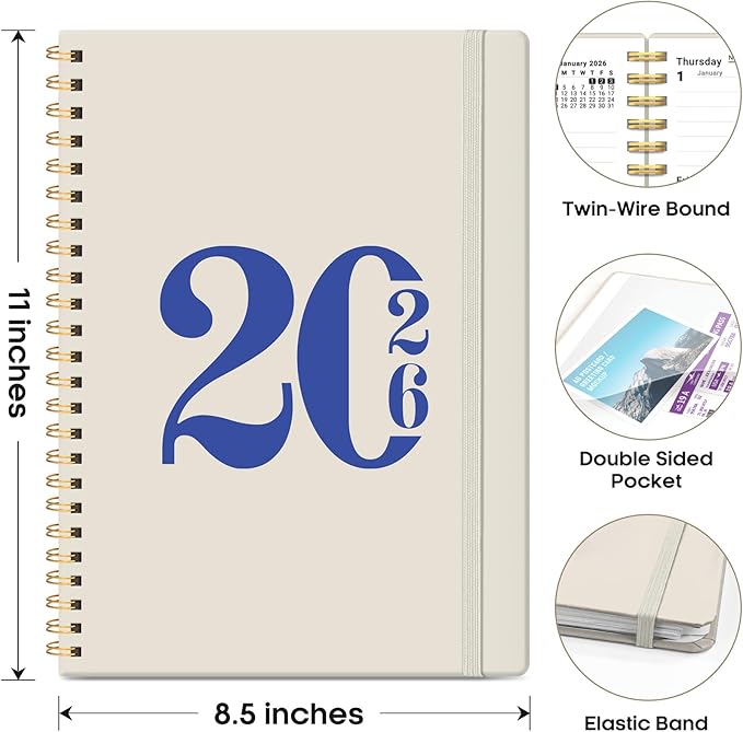 2026 Planner, Weekly and Monthly Calender Planner, Jan 2026 to Dec 2026, Hardcover 2026 Calendar Book with Tabs & Inner Pocket, Office Home School Supplies for Women & Men - A4 (8.5" x 11"), Gray