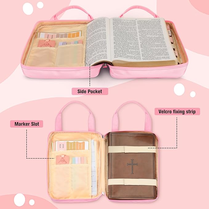 FINPAC Bible Cover Case Tote Bag Water-Resistant Bible Carrying Case Christian Gifts for Church Study Supplies, Pink