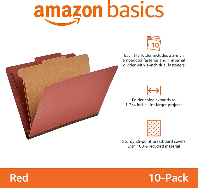 Amazon Basics Classification File Folder, 1 Divider, 2" Embedded Fasteners, Letter Size, 100% Recycled Material, Red, 10 Count