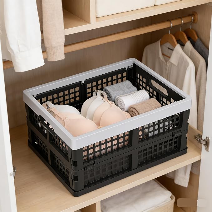 15L Plastic Collapsible Storage Crates, Folding Crates Storage Basket, Pack of 4, Black