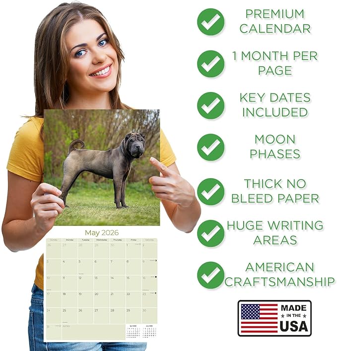 Shar Pei Calendar 2026 by MegaCalendars – Monthly Dog Breed Wall Calendar, Made in USA