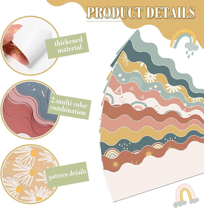 240 Pcs 236ft Holiday Bulletin Board Borders Colorful Rainbow Scalloped Border Trim Bulk Bulletin Decor for Classroom Back to School Decor(Brown Yellow Style)
