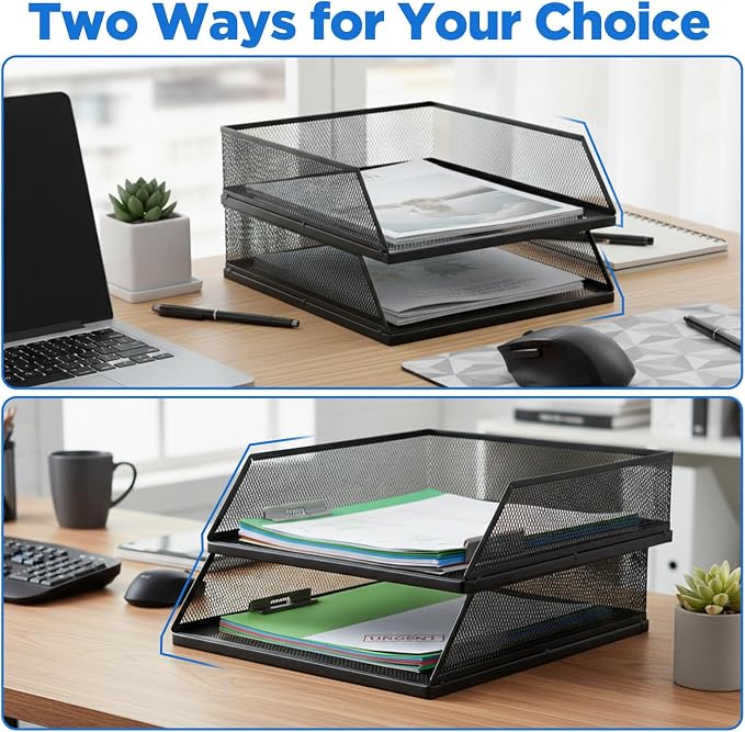 2Pcs Paper Organizer for Desk Metal Letter Tray Paper Tray Stackable File Holder A4 Black Desk Files Organizer Office Supplies File Document Storage Rack desks Drawer Organizers for Home