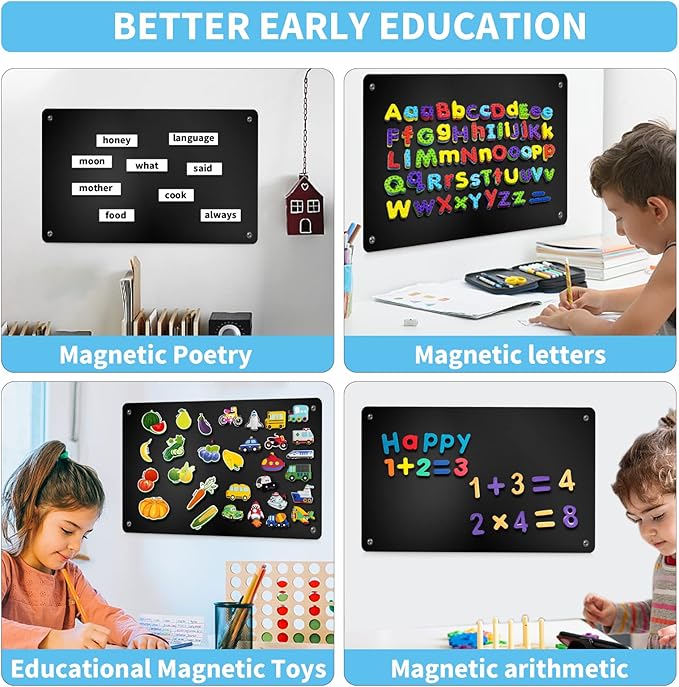 17.7" x 11.8" Black Metal Magnetic Board - Magnet Bulletin Board to Display Magnetic Letters Numbers Animal, Poetry, Spice Jars, Notes, Photos, Suitable for Wall, Refrigerator, Cubicle, Cabinet